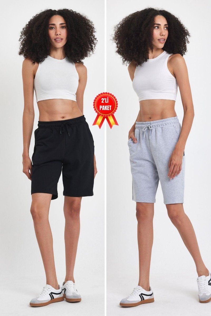 2'li Kadın Rahat Kesim Beli Lastikli Mevsimlik Yumuşak Kumaş Cepli Siyah - Gri Uzun Bermuda Şort - MMETALIC
