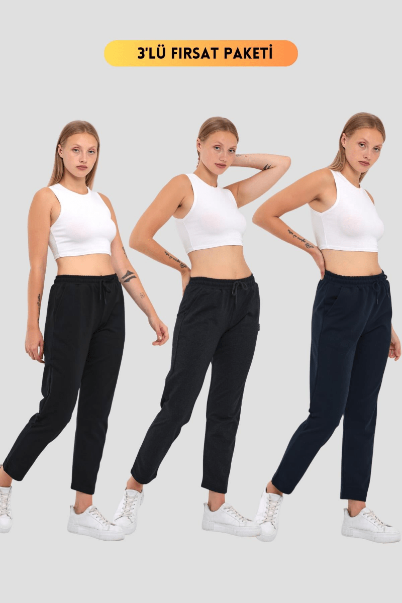 3'lü Kadın Lacivert Klasik Cepli Eşofman Altı - MMETALIC