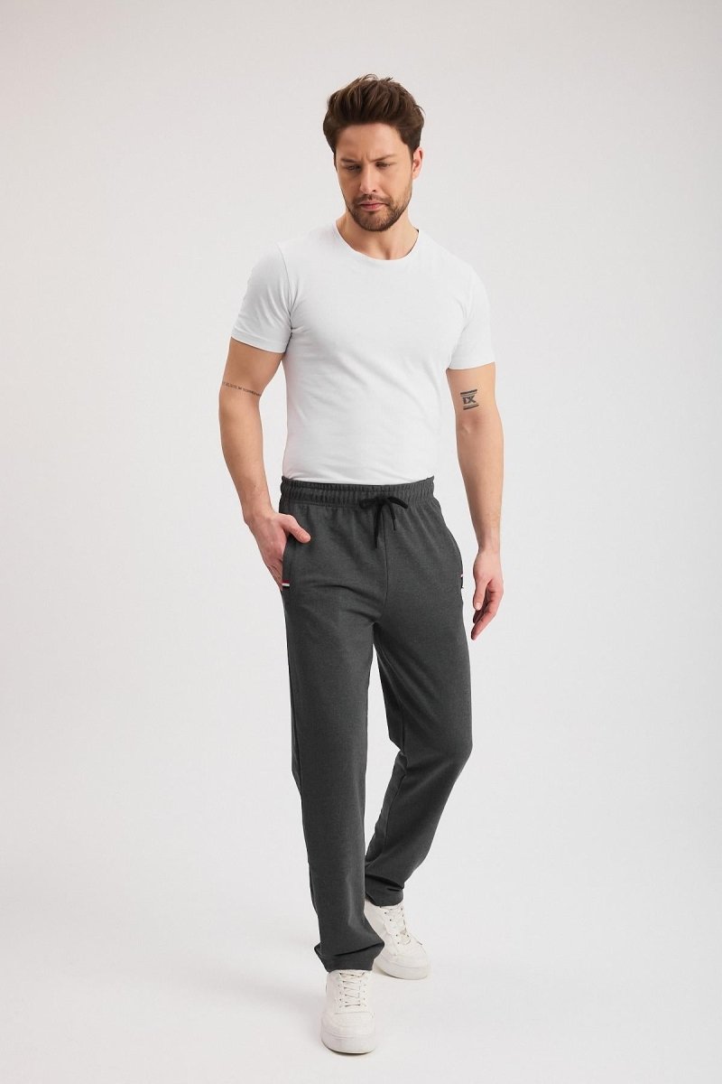 Antrasit Erkek Fermuarlı Cepli Nakış Detaylı Düz Paça Rahat Kesim Günlük Eşofman Altı - MMETALIC