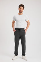 Antrasit Erkek Fermuarlı Cepli Nakış Detaylı Düz Paça Rahat Kesim Günlük Eşofman Altı - MMETALIC