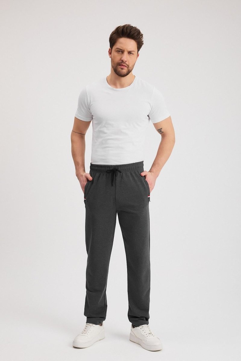 Antrasit Erkek Fermuarlı Cepli Nakış Detaylı Düz Paça Rahat Kesim Günlük Eşofman Altı - MMETALIC