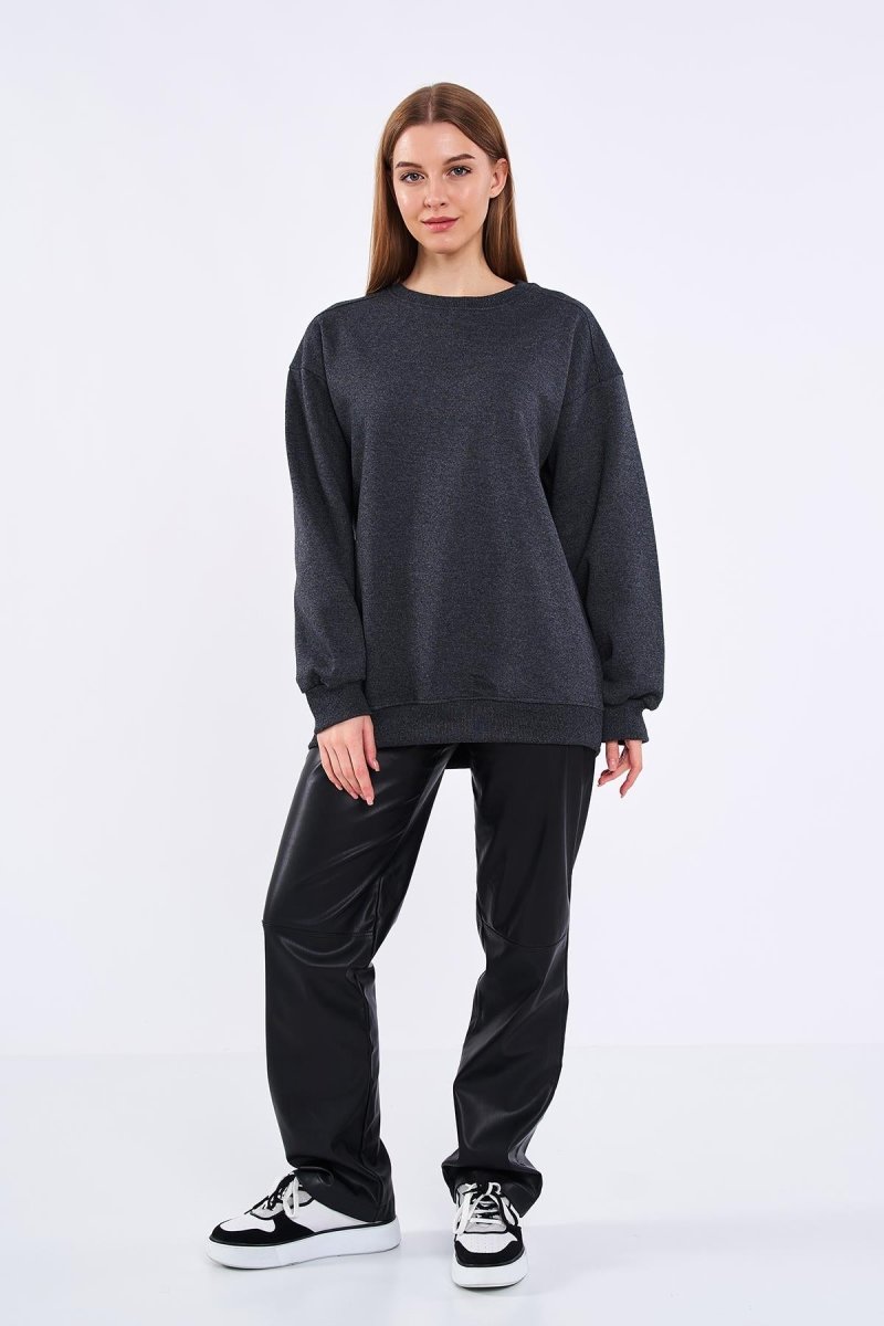 Antrasit Kadın Pamuklu Oversize Basic Bisiklet Yaka Sweatshirt - MMETALIC