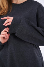 Antrasit Kadın Pamuklu Oversize Basic Bisiklet Yaka Sweatshirt - MMETALIC