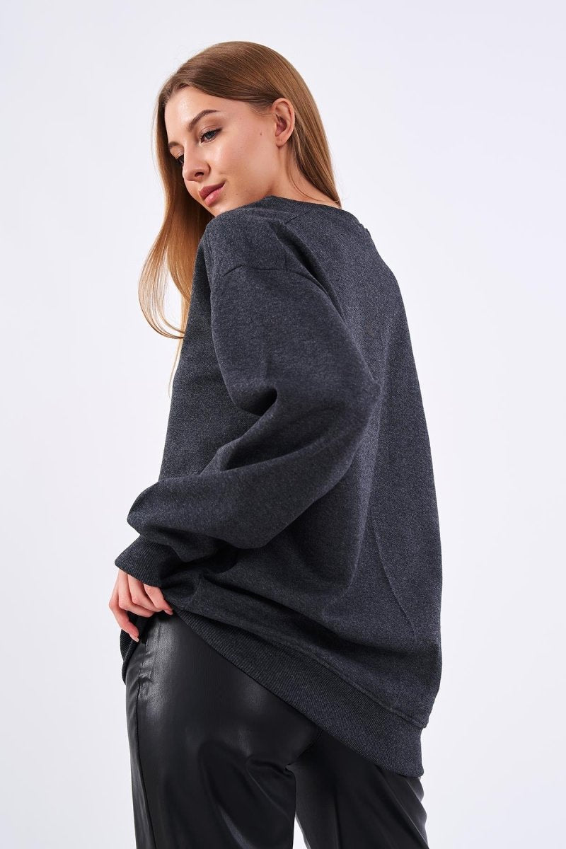 Antrasit Kadın Pamuklu Oversize Basic Bisiklet Yaka Sweatshirt - MMETALIC