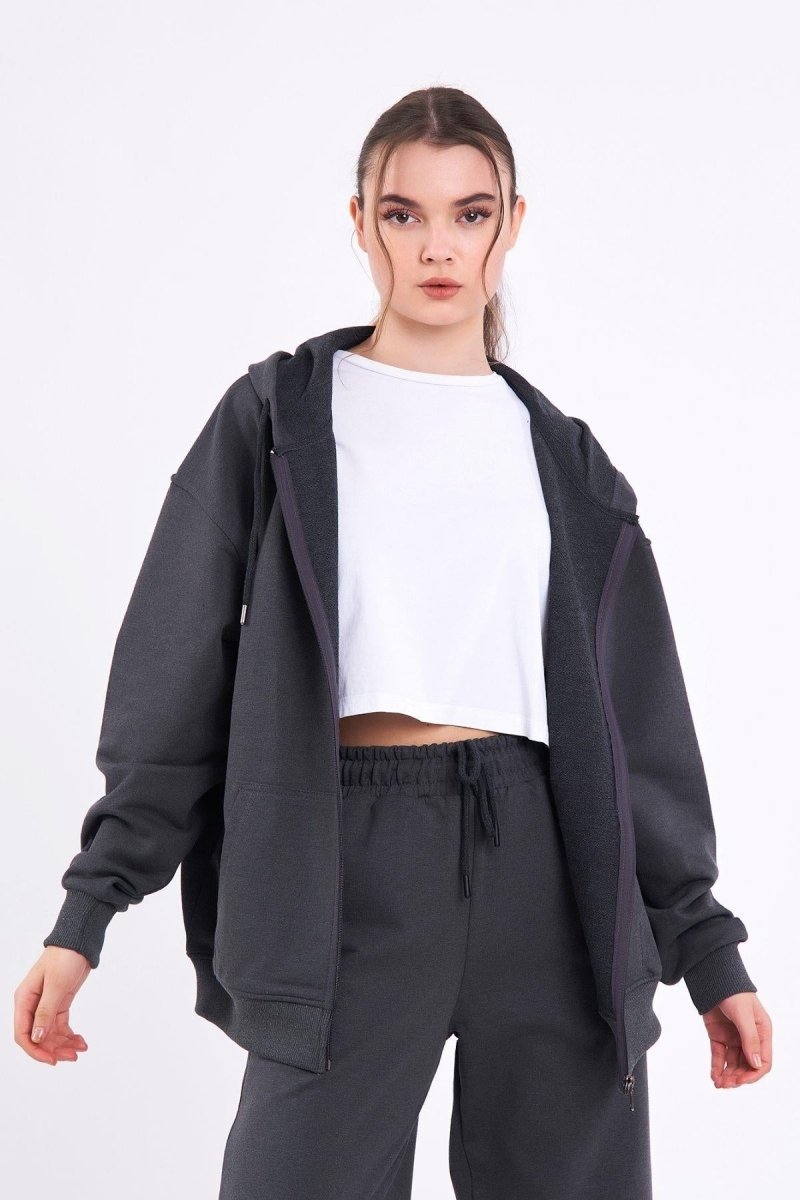 Antrasit Kanguru Cepli Kapüşonlu Fermuarlı Oversize Kadın Sweatshirt MTLCB73 - MMETALIC