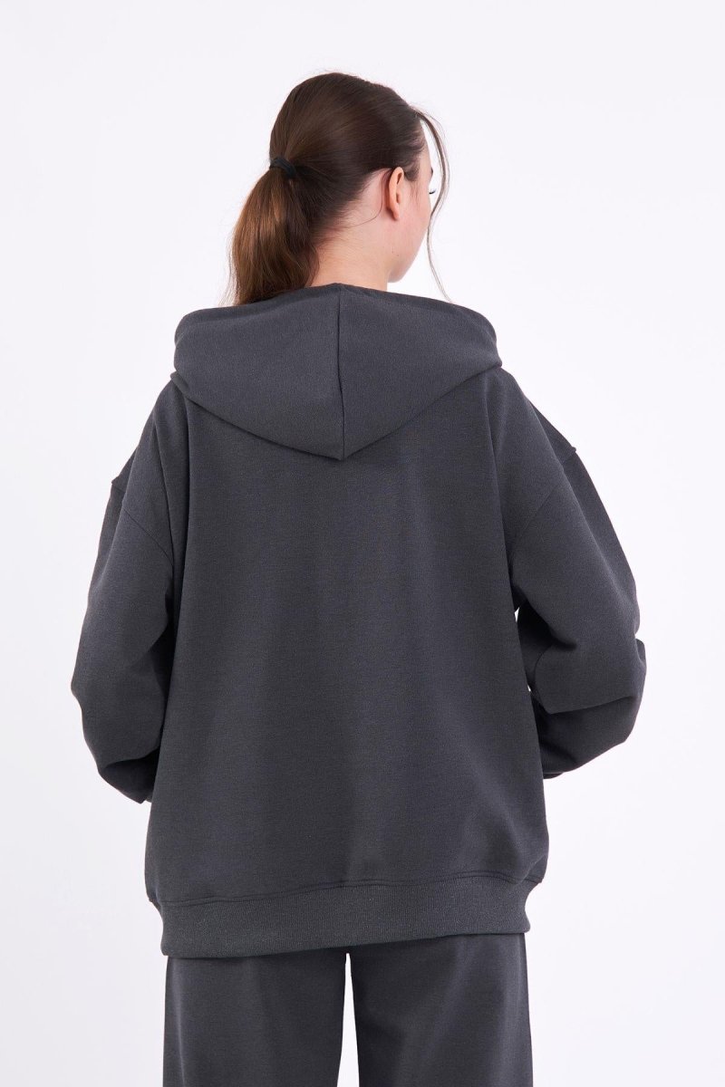 Antrasit Kanguru Cepli Kapüşonlu Fermuarlı Oversize Kadın Sweatshirt MTLCB73 - MMETALIC