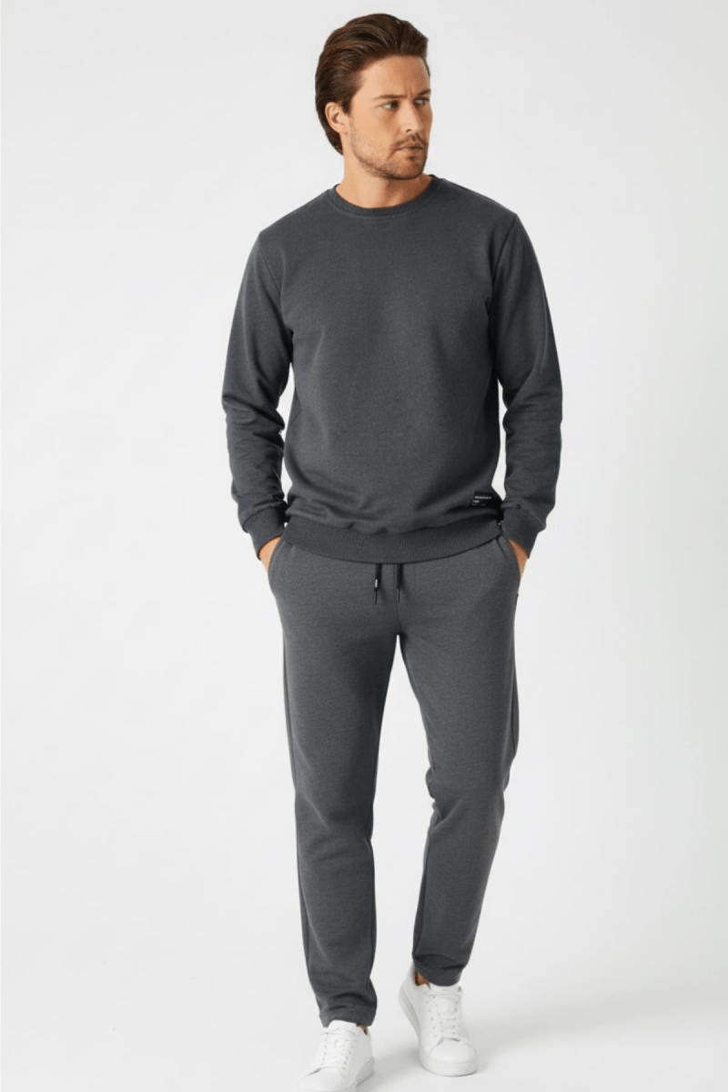 Antrasit Relaxed Fit Bisiklet Yaka Sweatshirt Düz Paça Erkek Eşofman Takımı - MMETALIC