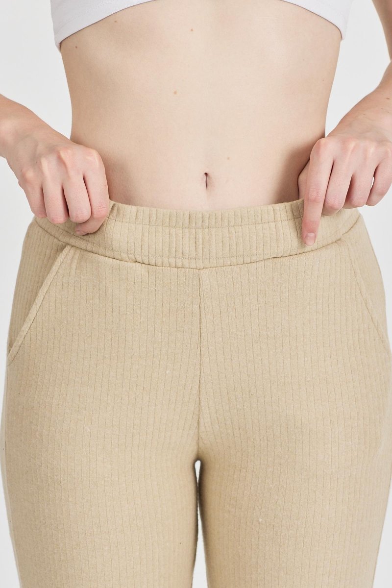 Bej Fitilli Geniş Paça Kaşkorse Yüksek Bel Cepli Kadın Eşofman Altı - MMETALIC