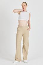 Bej Fitilli Geniş Paça Kaşkorse Yüksek Bel Cepli Kadın Eşofman Altı - MMETALIC