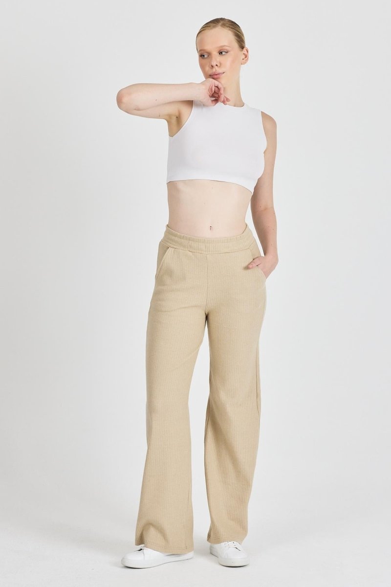 Bej Fitilli Geniş Paça Kaşkorse Yüksek Bel Cepli Kadın Eşofman Altı - MMETALIC