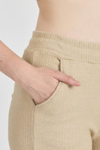 Bej Fitilli Geniş Paça Kaşkorse Yüksek Bel Cepli Kadın Eşofman Altı - MMETALIC