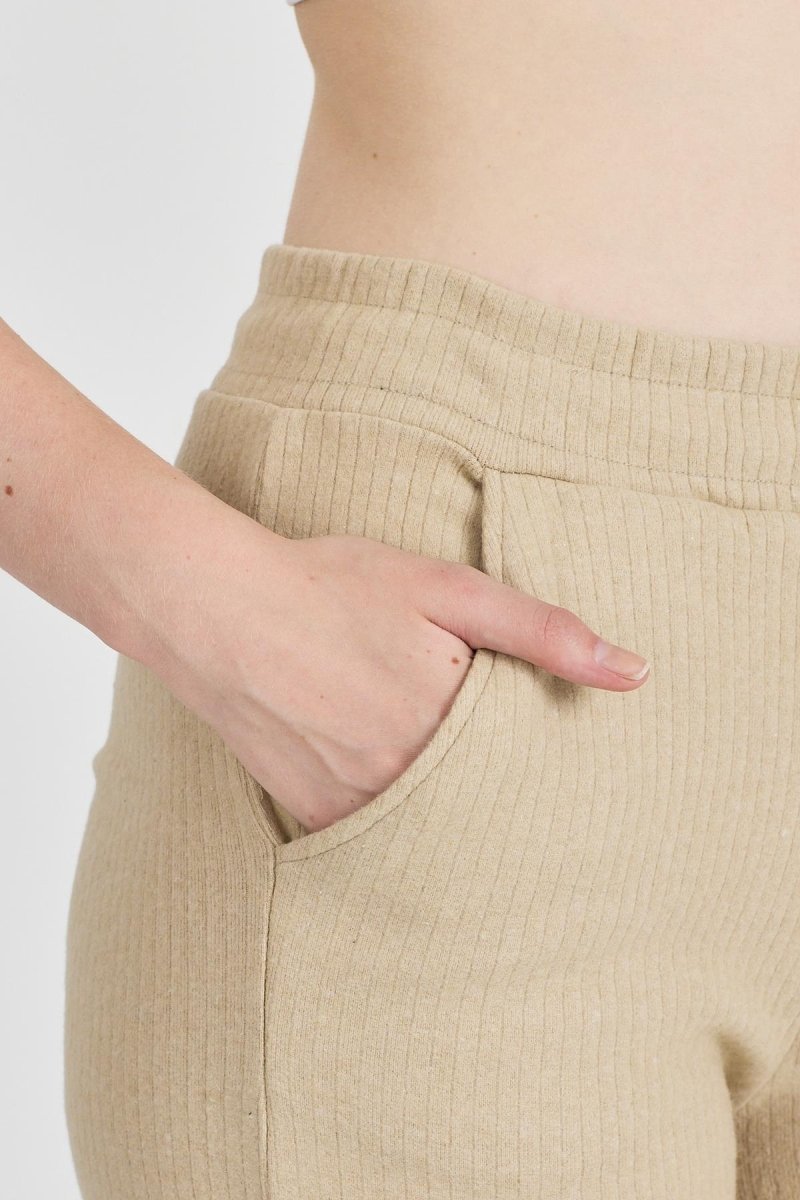 Bej Fitilli Geniş Paça Kaşkorse Yüksek Bel Cepli Kadın Eşofman Altı - MMETALIC