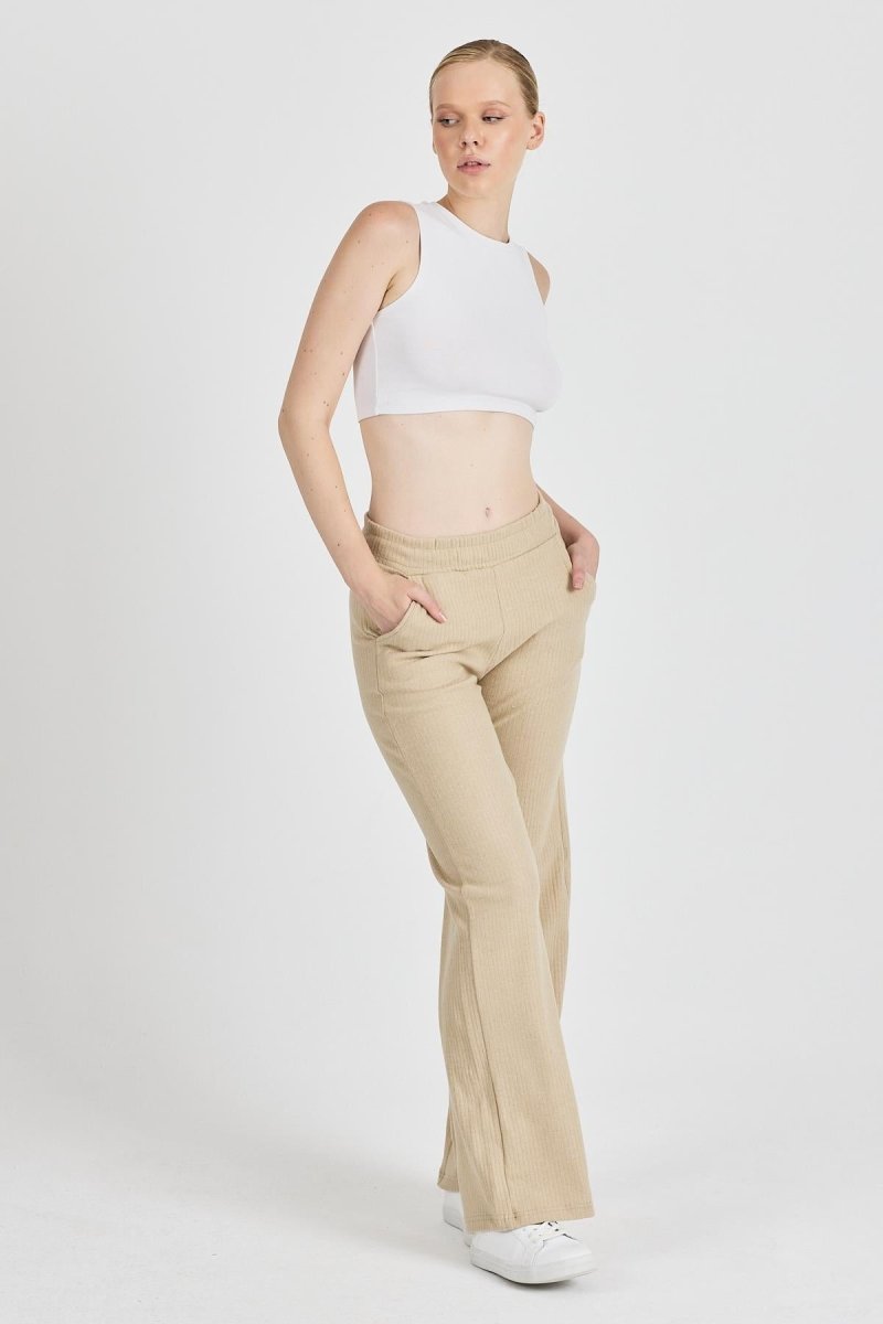 Bej Fitilli Geniş Paça Kaşkorse Yüksek Bel Cepli Kadın Eşofman Altı - MMETALIC