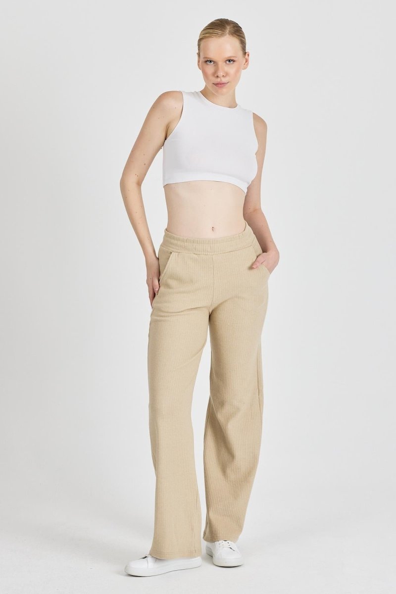 Bej Fitilli Geniş Paça Kaşkorse Yüksek Bel Cepli Kadın Eşofman Altı - MMETALIC