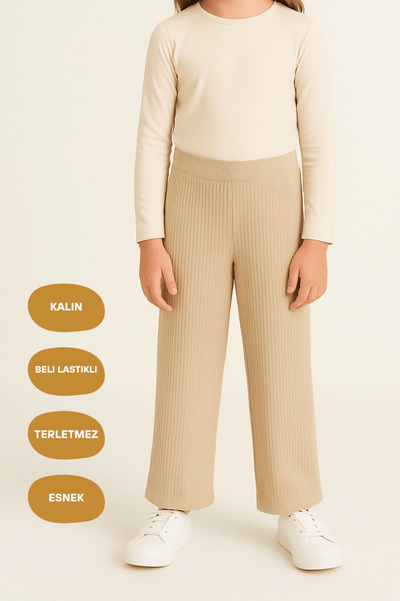 Bej Geniş Paça Beli Lastikli Kışlık Pamuklu Çocuk Eşofman Altı - MMETALIC
