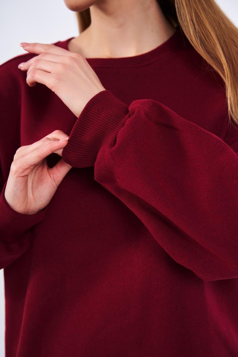 Bordo Kadın Pamuklu Oversize Basic Bisiklet Yaka Sweatshirt - MMETALIC