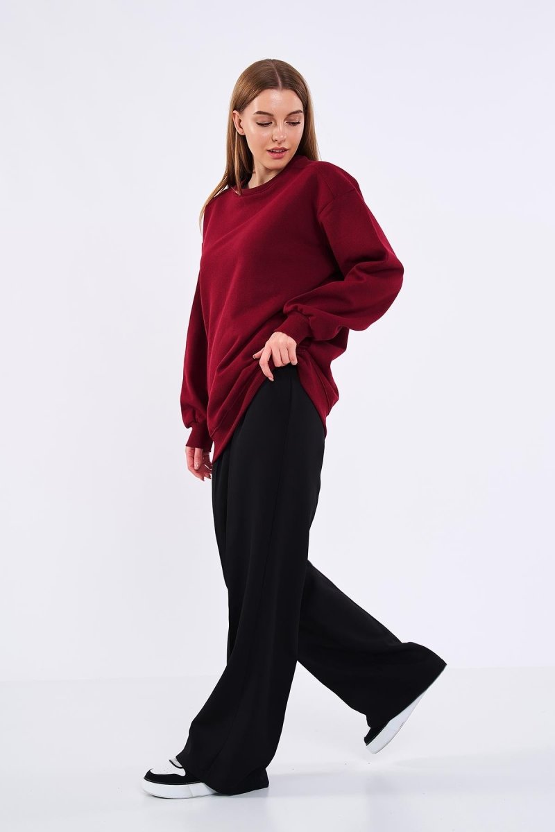Bordo Kadın Pamuklu Oversize Basic Bisiklet Yaka Sweatshirt - MMETALIC