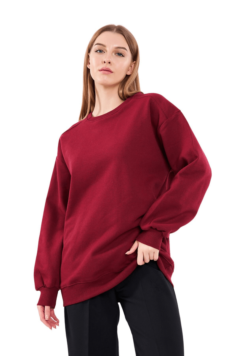 Bordo Kadın Pamuklu Oversize Basic Bisiklet Yaka Sweatshirt - MMETALIC