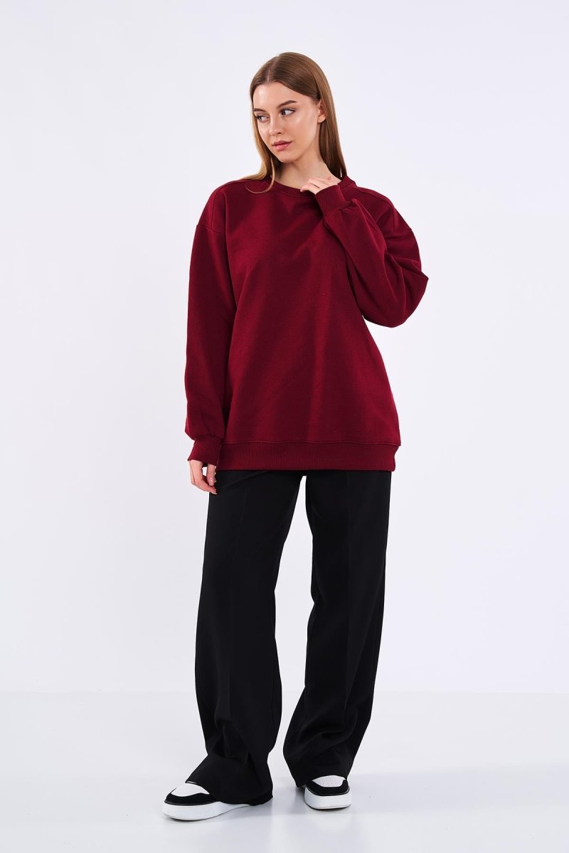 Bordo Kadın Pamuklu Oversize Basic Bisiklet Yaka Sweatshirt - MMETALIC