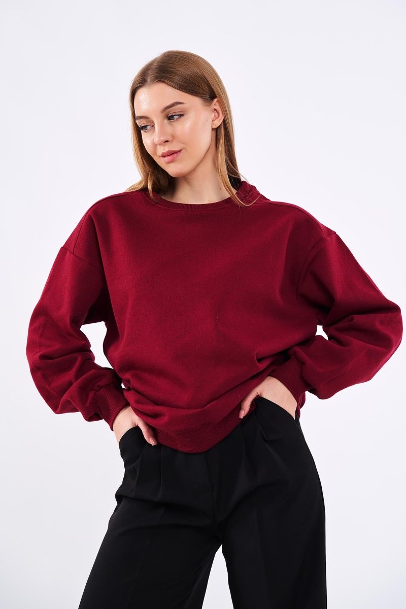 Bordo Kadın Pamuklu Oversize Basic Bisiklet Yaka Sweatshirt - MMETALIC