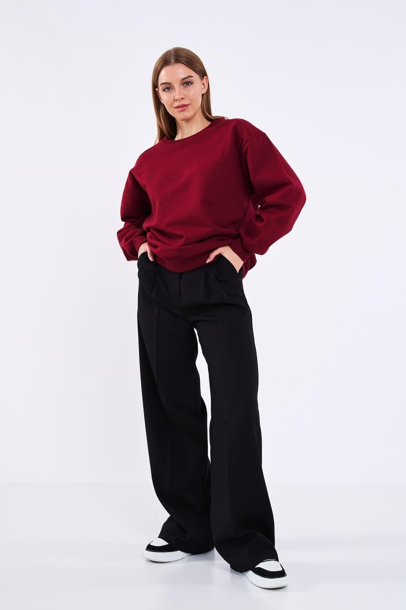Bordo Kadın Pamuklu Oversize Basic Bisiklet Yaka Sweatshirt - MMETALIC