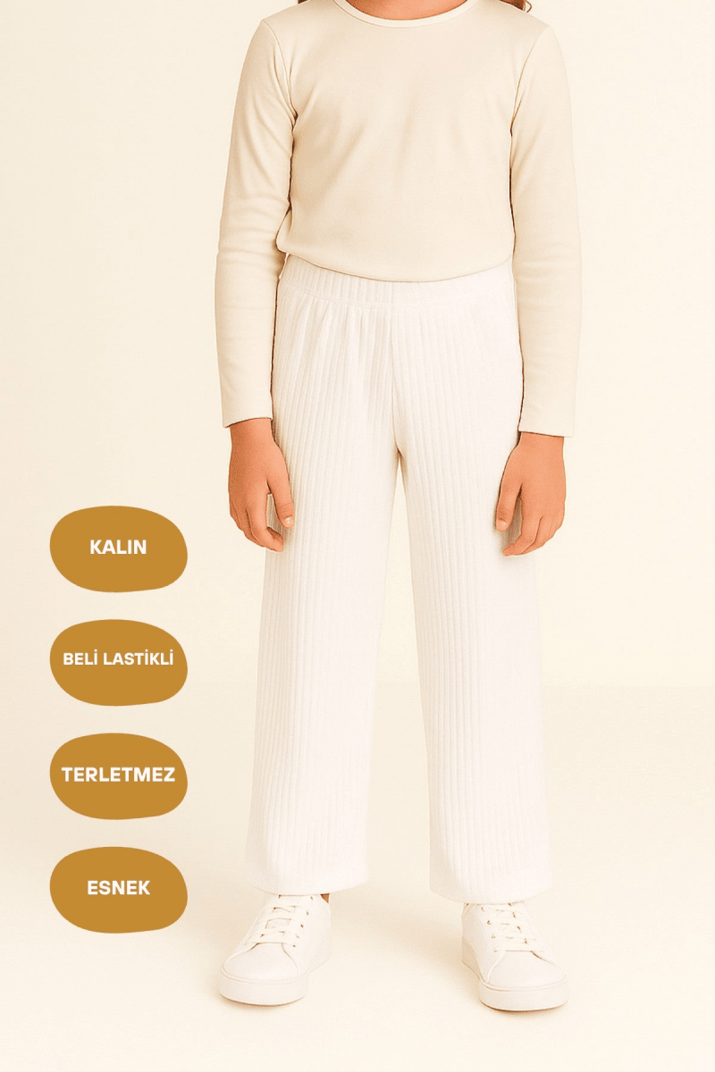 Ekru Geniş Paça Beli Lastikli Kışlık Pamuklu Çocuk Eşofman Altı - MMETALIC