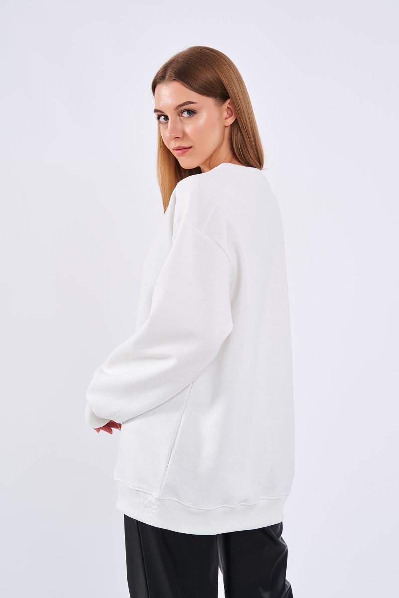 Ekru Kadın Pamuklu Oversize Basic Bisiklet Yaka Sweatshirt - MMETALIC