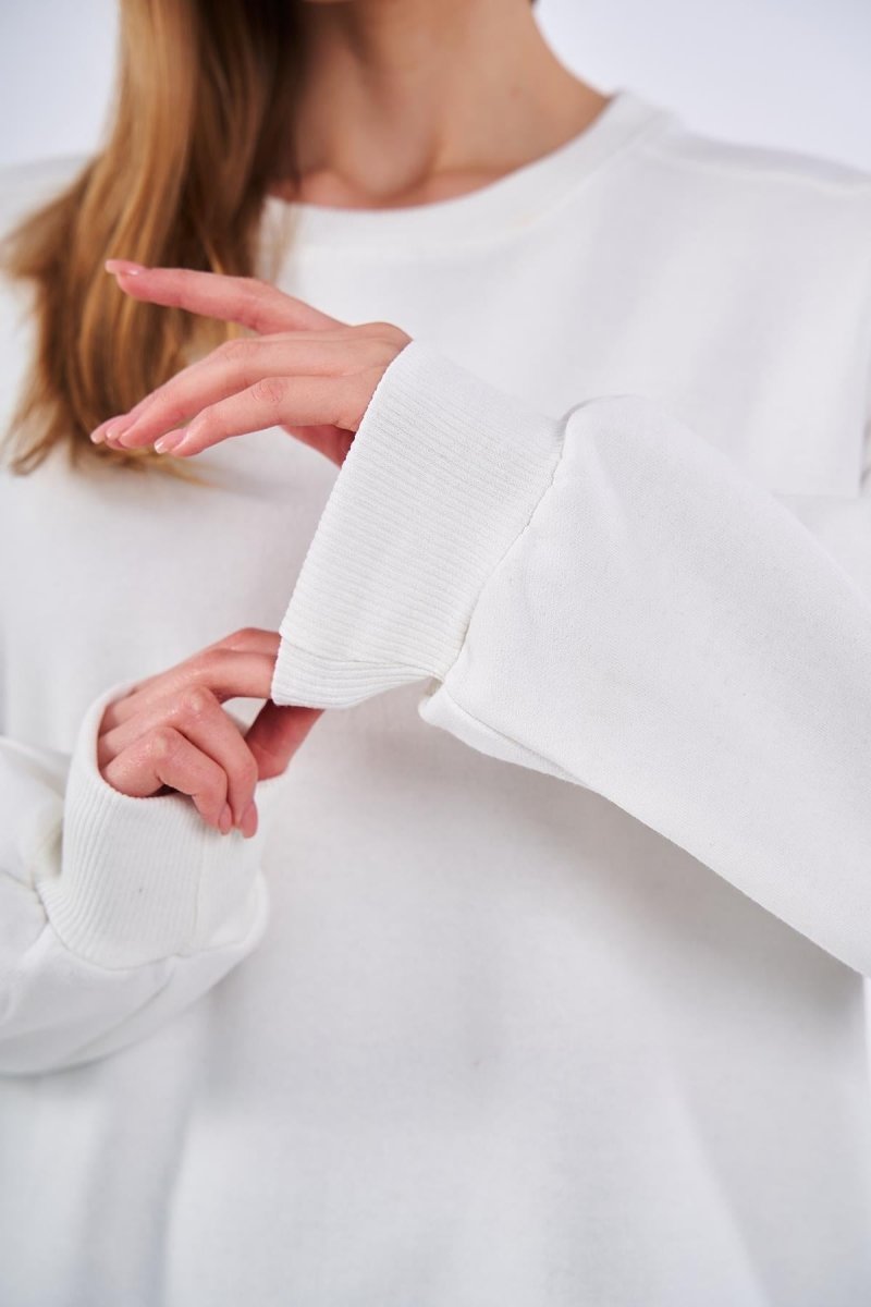 Ekru Kadın Pamuklu Oversize Basic Bisiklet Yaka Sweatshirt - MMETALIC