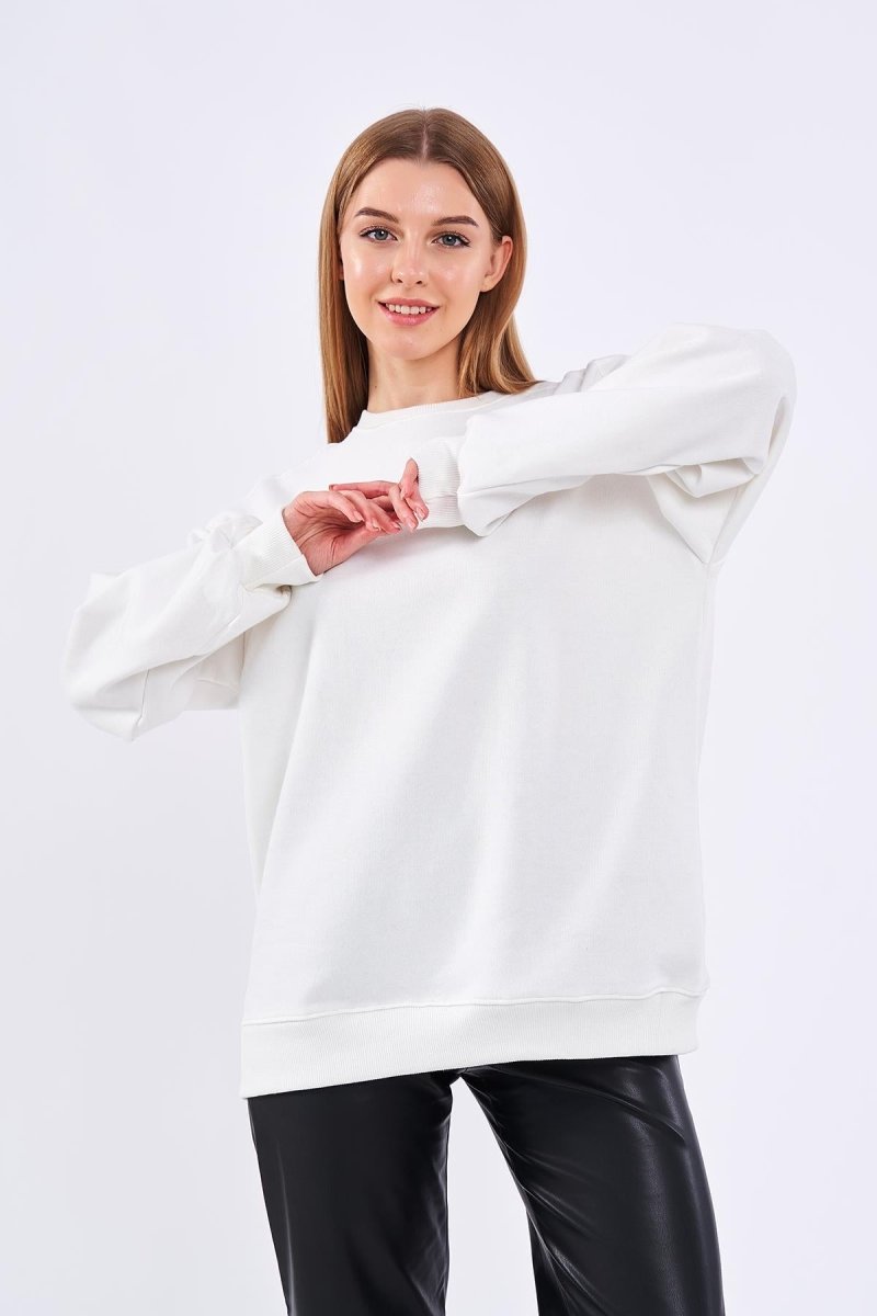 Ekru Kadın Pamuklu Oversize Basic Bisiklet Yaka Sweatshirt - MMETALIC