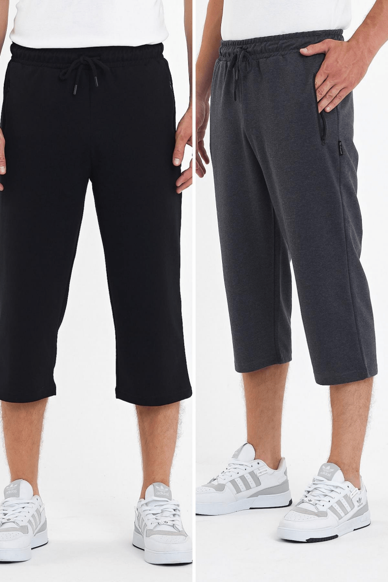 Erkek 2'Li Cepleri Fermuarlı Siyah - Antrasit Bermuda Diz Altı Kapri Beli Ayarlanabilir Lastikli Uzun MTLCE94 - MMETALIC