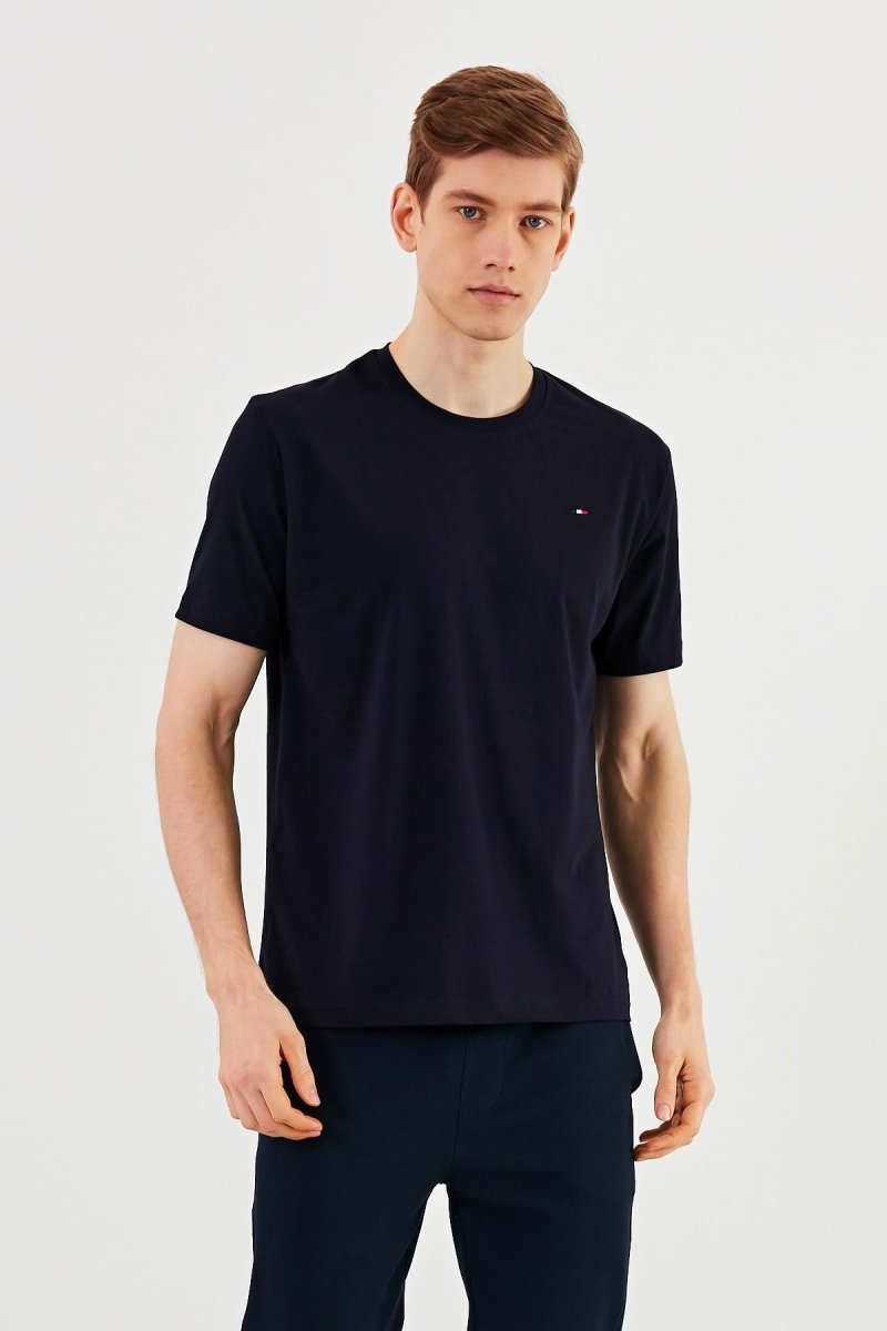 Erkek 3'lü Bisiklet Yaka T-shirt %100 Pamuk Nakış Detaylı Basic Siyah - Lacivert - Antrasit Tişört - MMETALIC