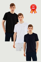 Erkek 3'lü Bisiklet Yaka T-shirt %100 Pamuk Nakış Detaylı Basic Siyah - Lacivert - Antrasit Tişört - MMETALIC