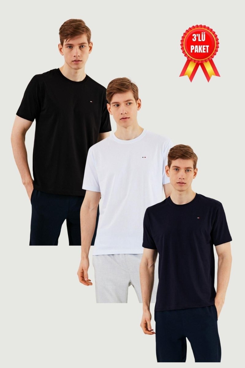 Erkek 3'lü Bisiklet Yaka T-shirt %100 Pamuk Nakış Detaylı Basic Siyah - Lacivert - Antrasit Tişört - MMETALIC
