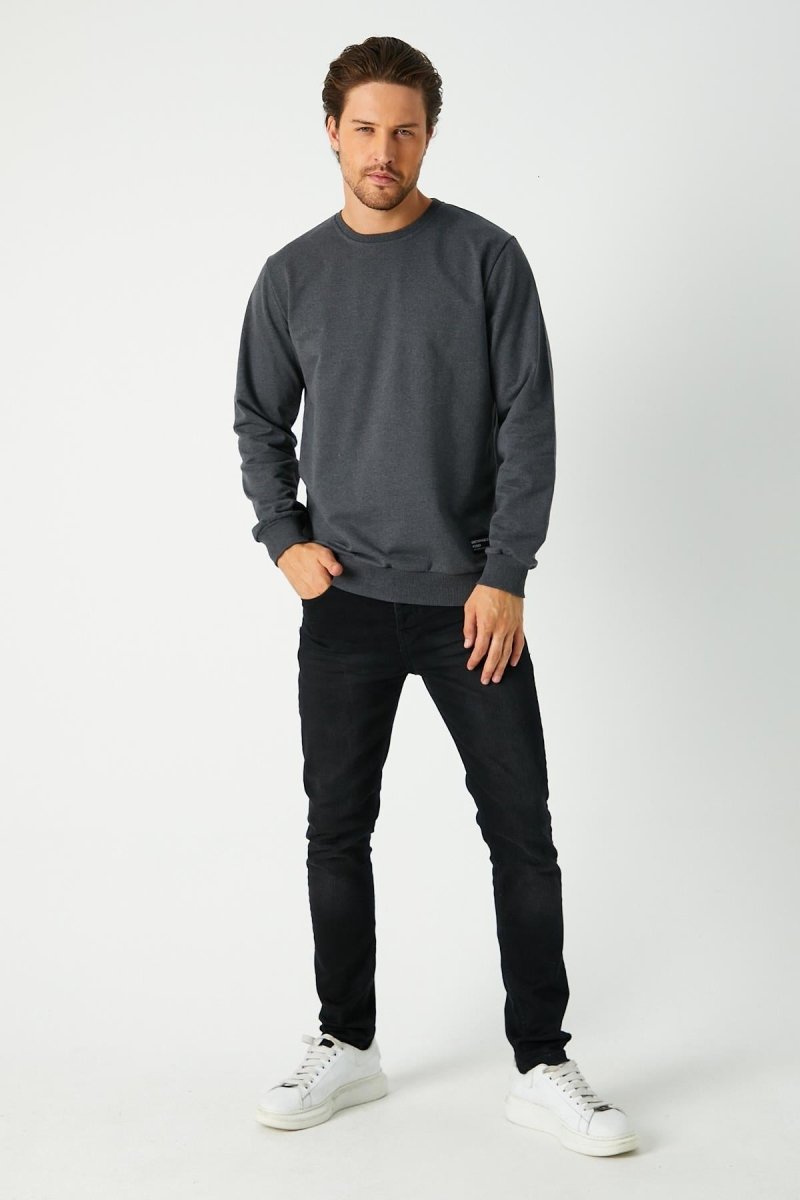 Erkek Antrasit Basic Bisiklet Yaka Sweatshirt - MMETALIC