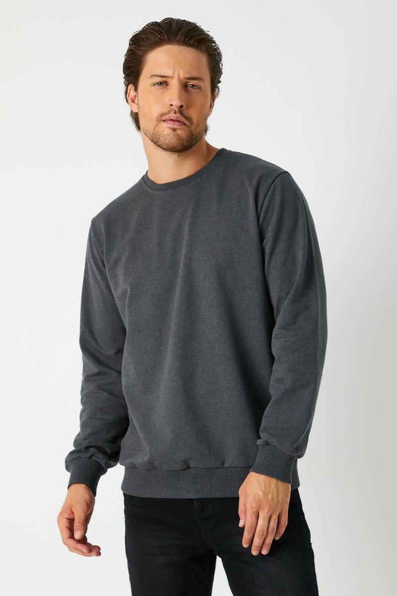Erkek Antrasit Basic Bisiklet Yaka Sweatshirt - MMETALIC