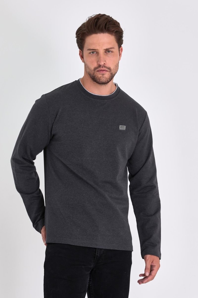 Erkek Antrasit Çift Bisiklet Yaka Baskı Detaylı Standart Rahat Kesim Sweatshirt - MMETALIC