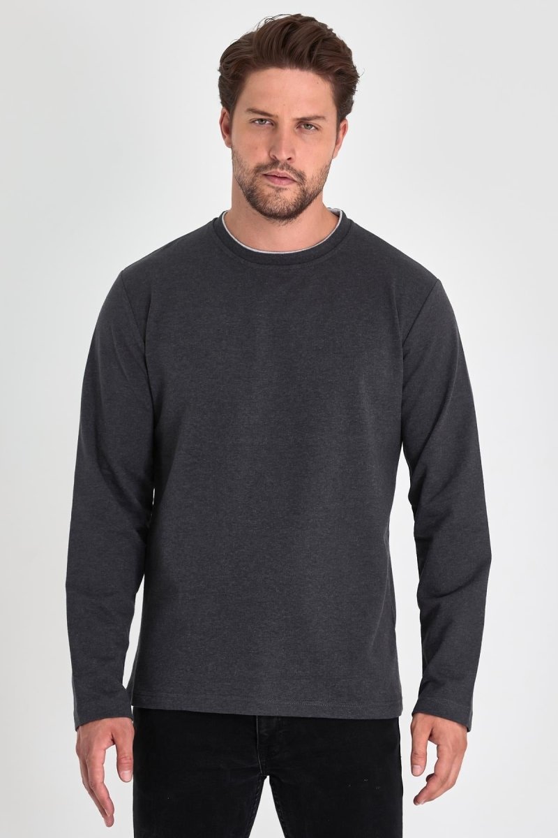 Erkek Antrasit Çift Bisiklet Yaka Standart Rahat Kesim Sweatshirt - MMETALIC