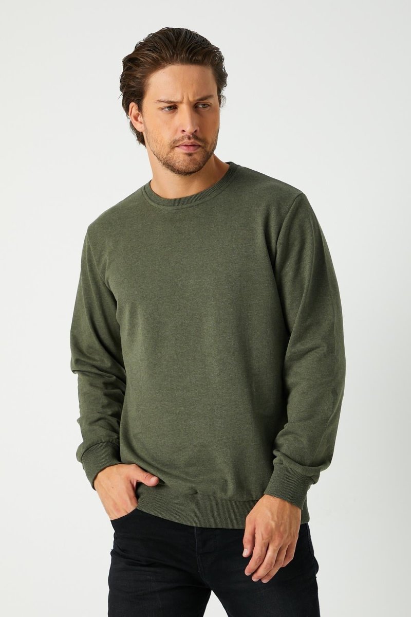 Erkek Basic Bisiklet Yaka Haki Sweatshirt - MMETALIC