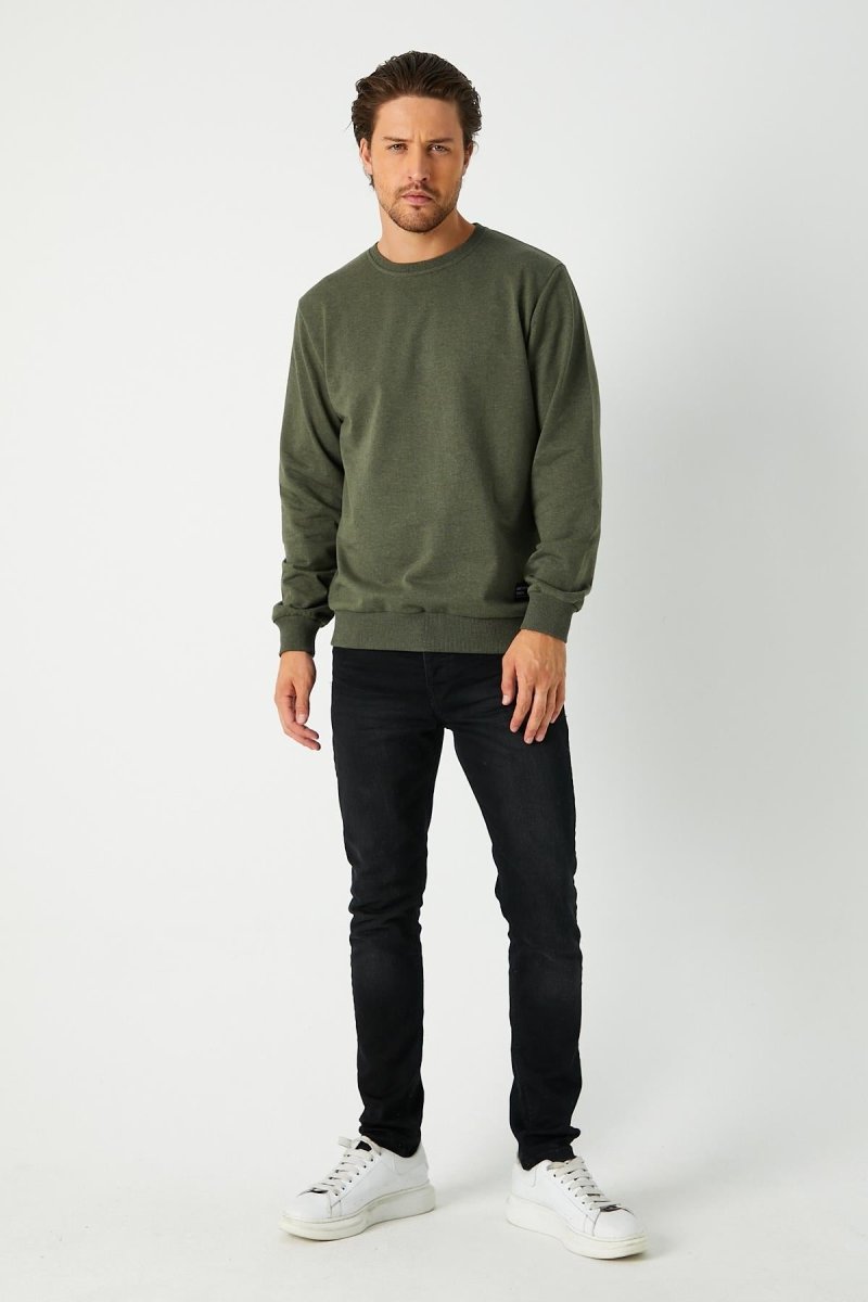 Erkek Basic Bisiklet Yaka Haki Sweatshirt - MMETALIC