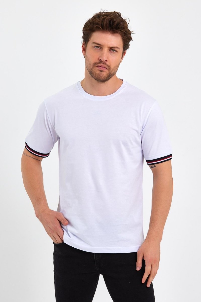 Erkek Basic Kolları Şeritli %100 Pamuk Bisiklet Yaka Regular Fit 3'Lü T-shirt - MMETALIC