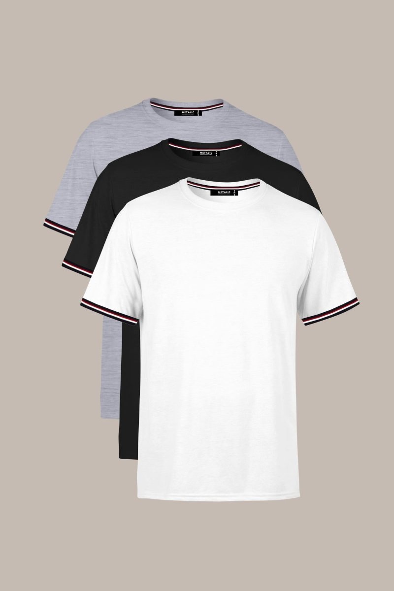Erkek Basic Kolları Şeritli %100 Pamuk Bisiklet Yaka Regular Fit 3'Lü T-shirt - MMETALIC