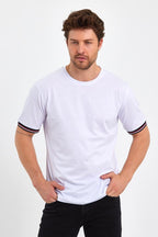 Erkek Basic Kolları Şeritli %100 Pamuk Bisiklet Yaka Regular Fit 3'Lü T-shirt - MMETALIC