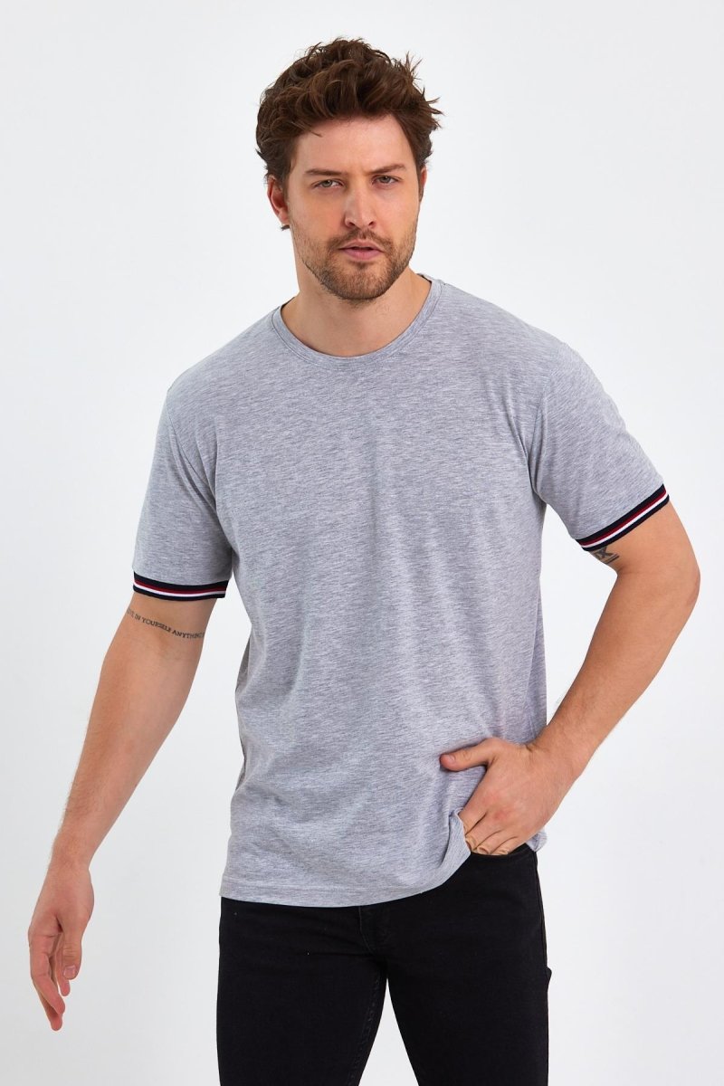 Erkek Basic Kolları Şeritli %100 Pamuk Bisiklet Yaka Regular Fit 4'lü T-shirt - MMETALIC