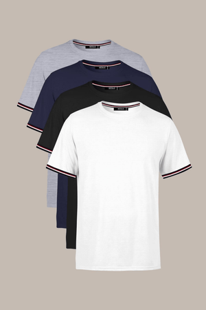 Erkek Basic Kolları Şeritli %100 Pamuk Bisiklet Yaka Regular Fit 4'lü T-shirt - MMETALIC
