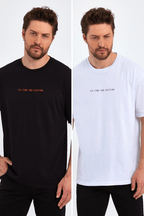 Erkek Baskılı Basic Oversize Bisiklet Yaka 2'Li Pamuklu T-shirt - MMETALIC