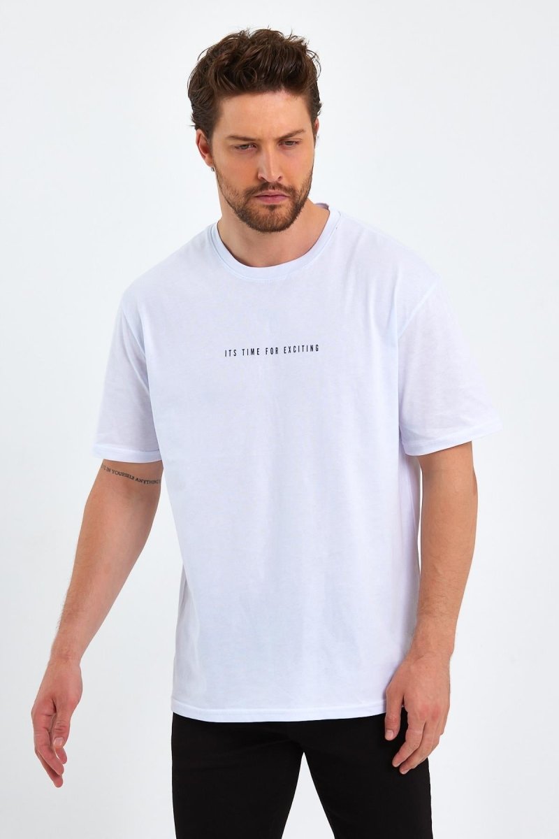 Erkek Baskılı Basic Oversize Bisiklet Yaka 2'Li Pamuklu T-shirt - MMETALIC