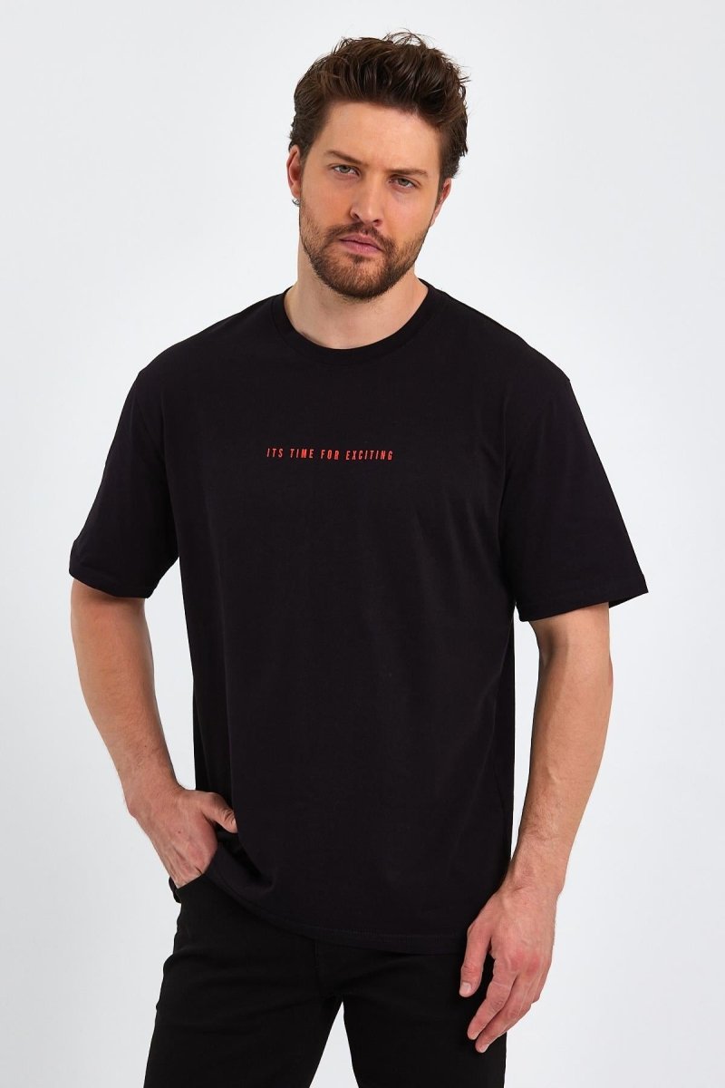 Erkek Baskılı Basic Oversize Bisiklet Yaka 2'Li Pamuklu T-shirt - MMETALIC