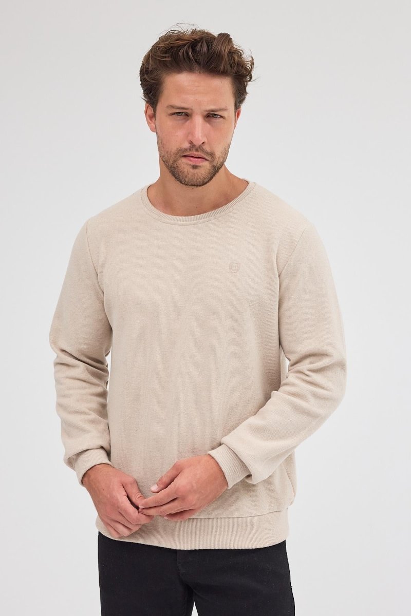 Erkek Bej Standart Fit Normal Kesim Pamuklu Basic Bisiklet Yaka Sweatshirt MTLCE113 - Bej - MMETALIC