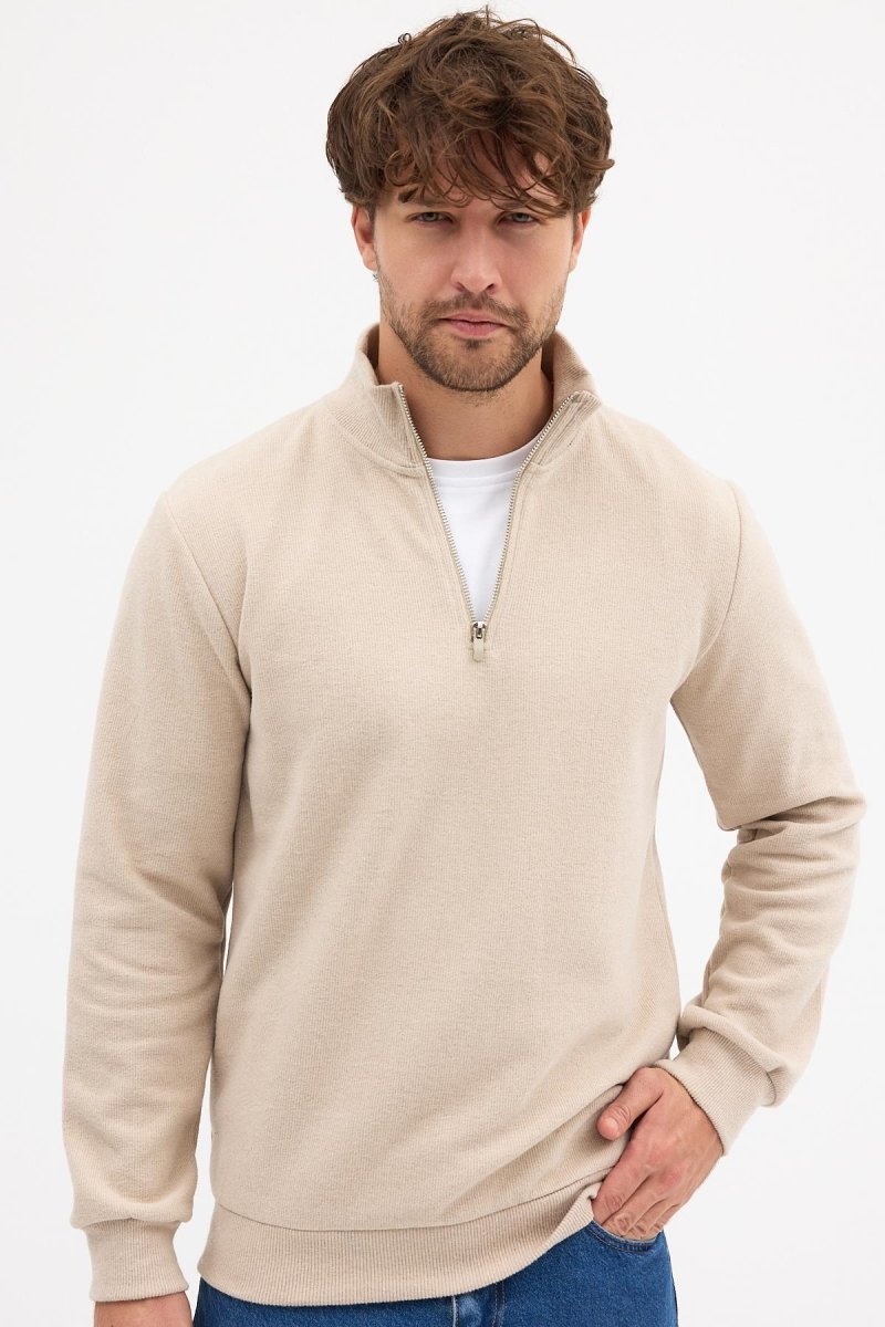Erkek Bej Standart Fit Normal Kesim Pamuklu Yarım Fermuarlı Dik Yaka Pamuklu Sweatshirt - MMETALIC