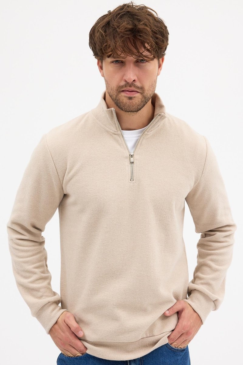 Erkek Bej Standart Fit Normal Kesim Pamuklu Yarım Fermuarlı Dik Yaka Pamuklu Sweatshirt - MMETALIC